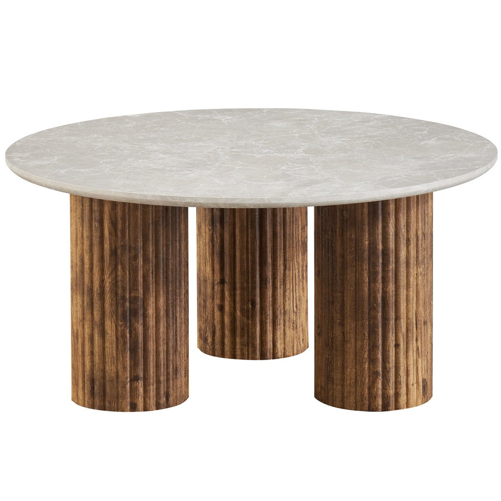 Stone - Table Basse Ronde Effet Marbre et Bois Ø 80 cm - Blanc