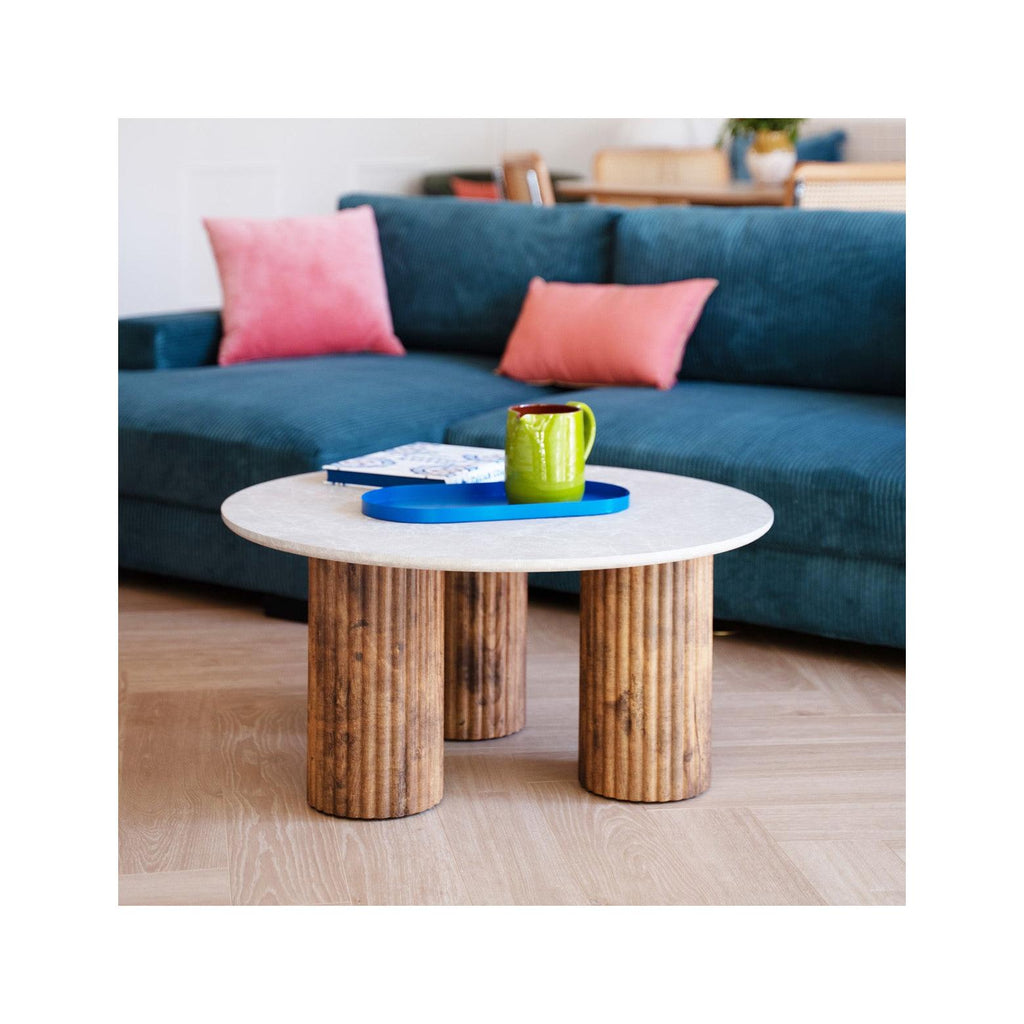 Stone - Table Basse Ronde Effet Marbre et Bois Ø 80 cm - Blanc