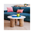 Stone - Table Basse Ronde Effet Marbre et Bois Ø 80 cm - Blanc