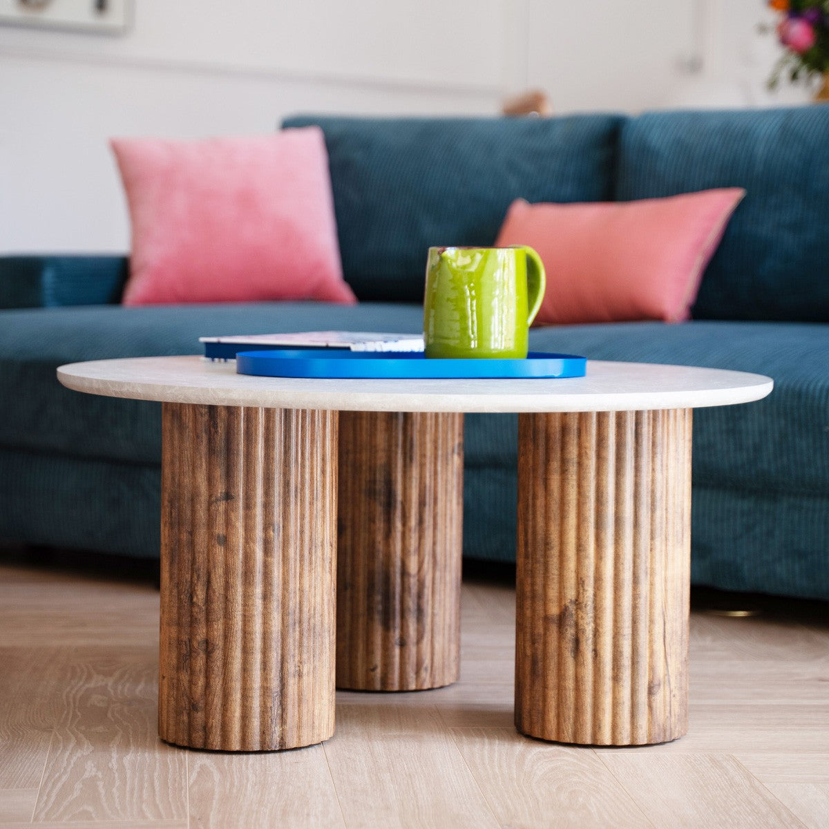 Stone - Table Basse Ronde Effet Marbre et Bois Ø 80 cm - Blanc