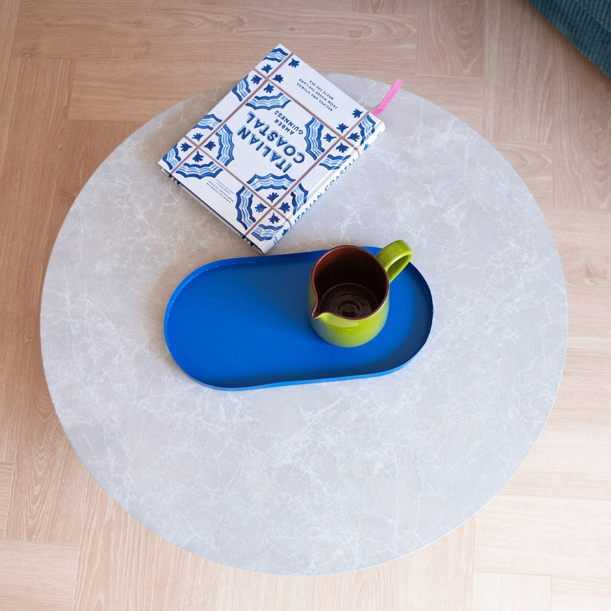 Stone - Table Basse Ronde Effet Marbre et Bois Ø 80 cm - Blanc