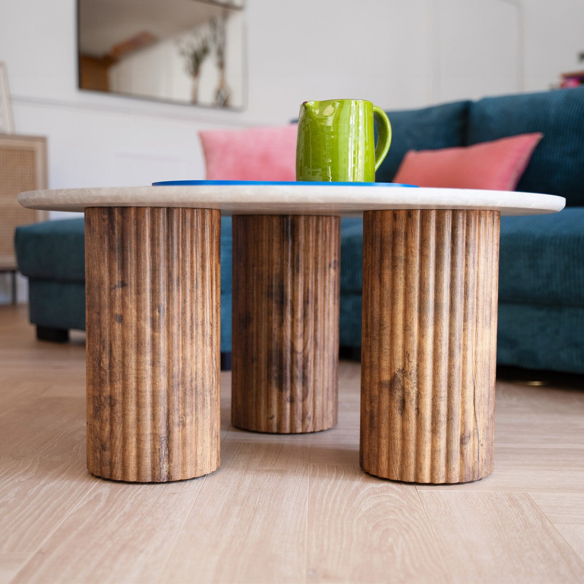 Stone - Table Basse Ronde Effet Marbre et Bois Ø 80 cm - Blanc
