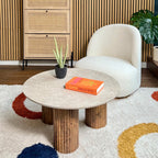 Stone - Table Basse Ronde Effet Marbre et Bois Ø 80 cm - Blanc
