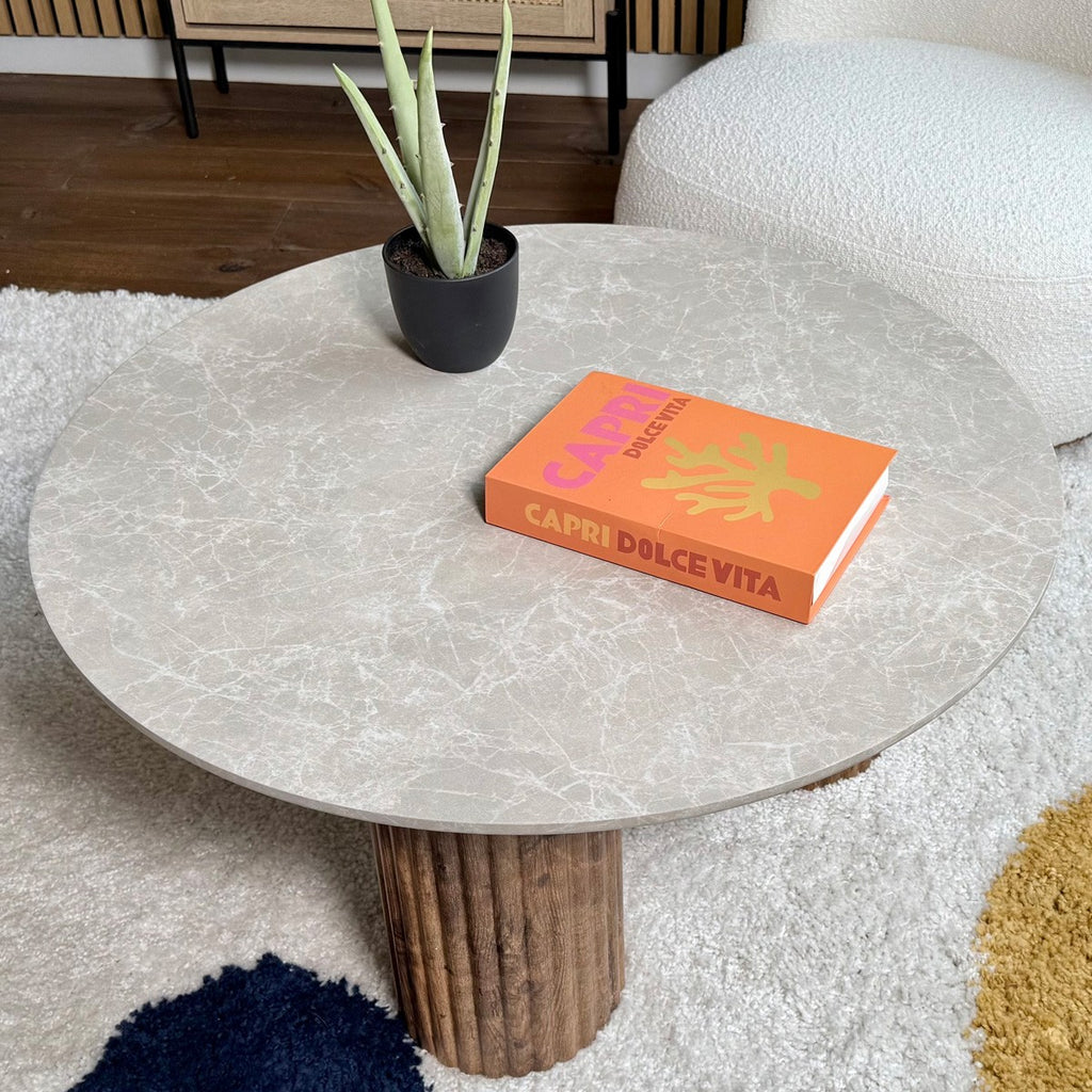 Stone - Table Basse Ronde Effet Marbre et Bois Ø 80 cm - Blanc