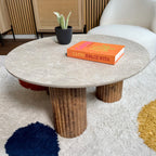 Stone - Table Basse Ronde Effet Marbre et Bois Ø 80 cm - Blanc