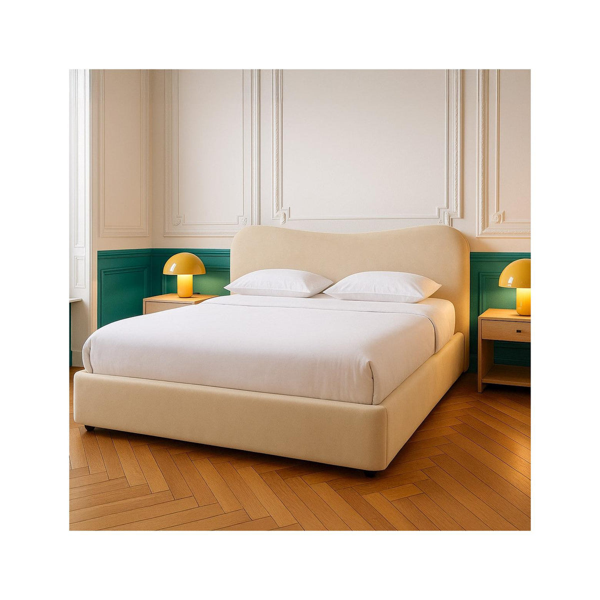 Suzon - Lit Coffre Adulte avec Tête de Lit Matelassée en Velours - Beige