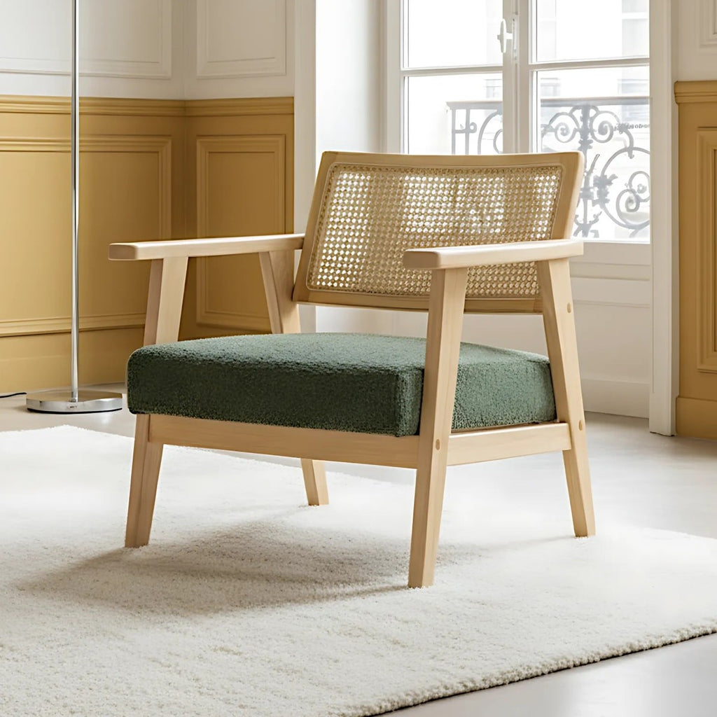 Tim - Fauteuil en Tissu Bouclé et Cannage Naturel - Vert