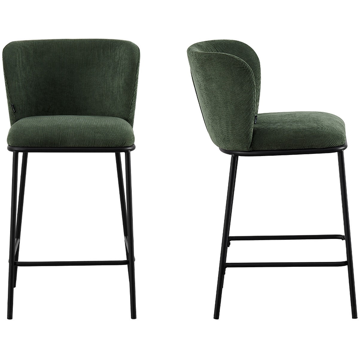 Toma - Lot de 2 Tabourets de Bar en Velours Côtelé, Piètement Noir - Vert Kaki