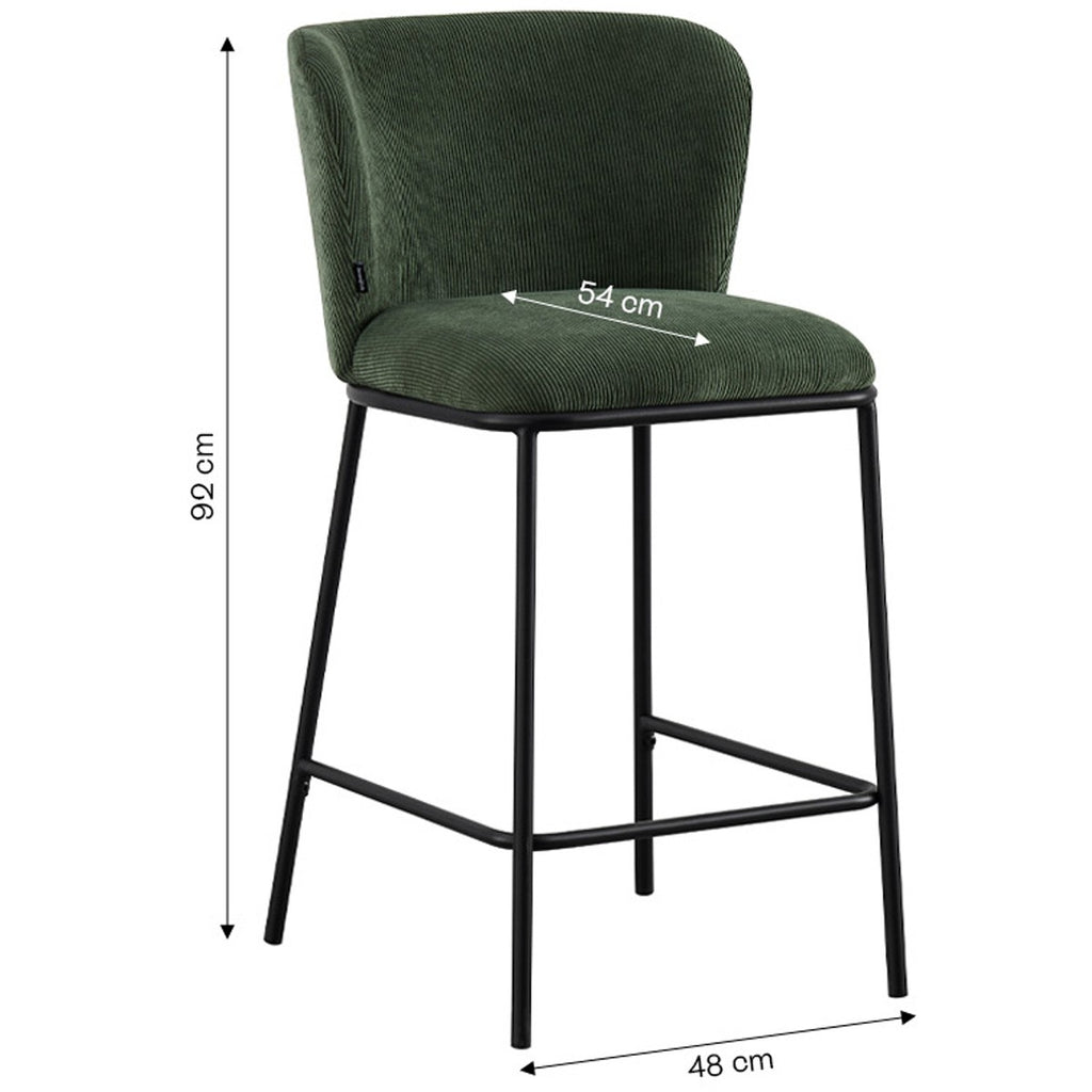 Toma - Lot de 2 Tabourets de Bar en Velours Côtelé, Piètement Noir - Vert Kaki