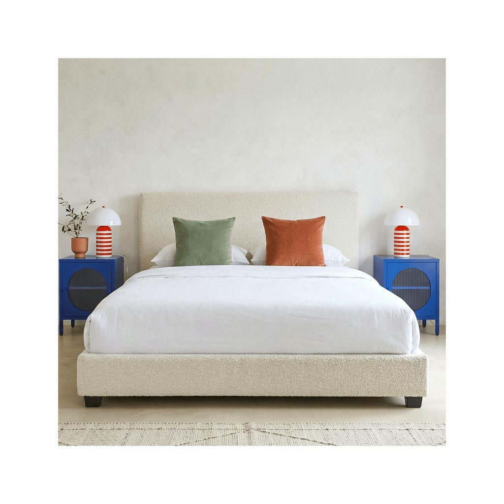 William - Lit Adulte 140x190 cm avec Tête de Lit Capitonnée en Tissu Bouclé - Beige
