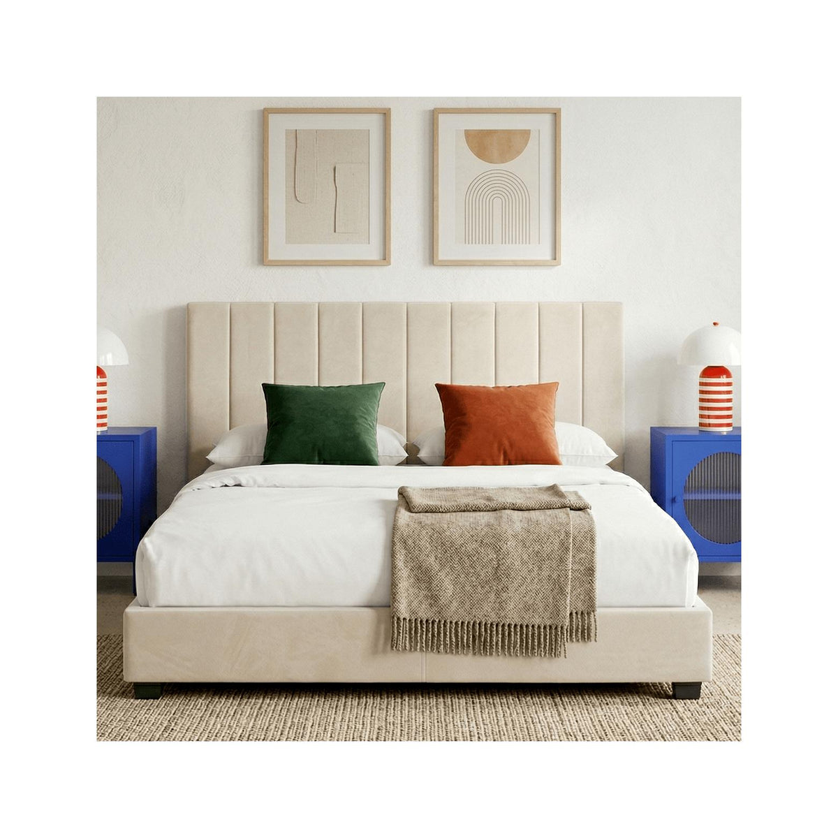 William - Lit Adulte 140x190 cm avec Tête de Lit Capitonnée en Velours - Beige
