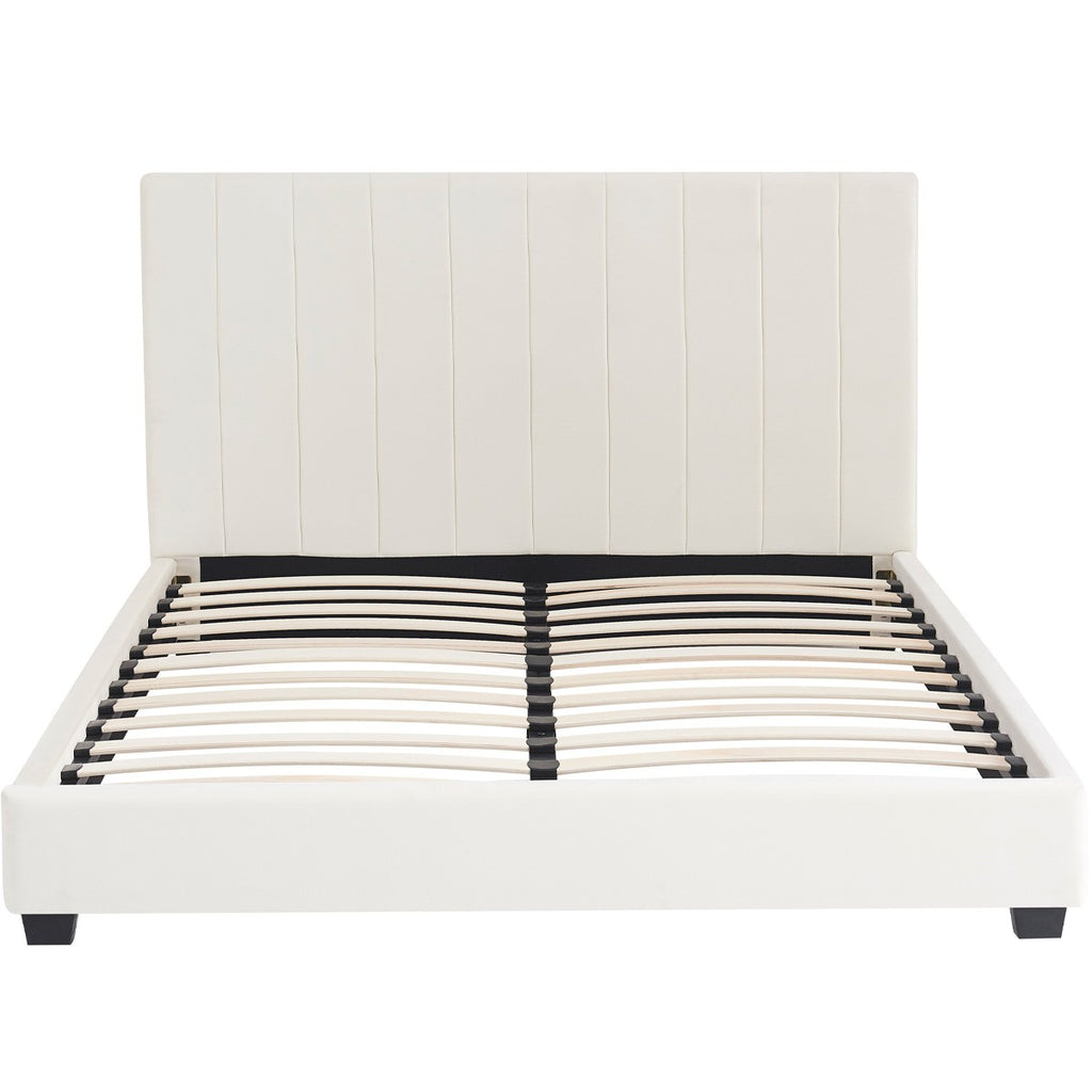 William - Lit Adulte 140x190 cm avec Tête de Lit Capitonnée en Velours - Beige