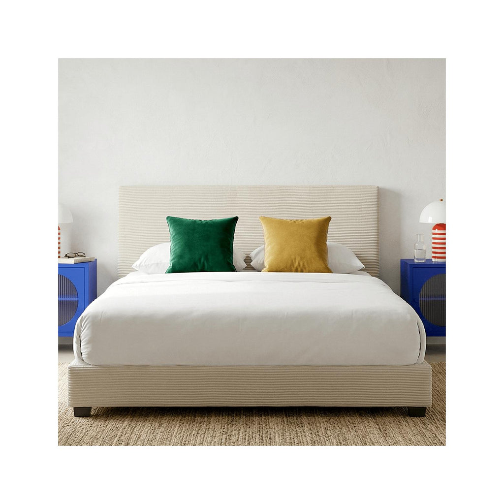 William - Lit Adulte 140x190 cm avec Tête de Lit Capitonnée en Velours Côtelé - Beige