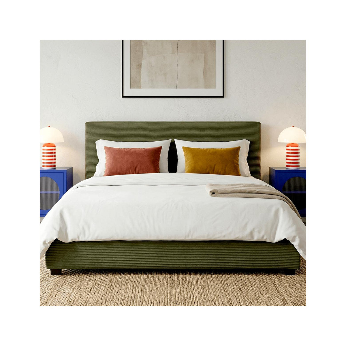 William - Lit Adulte avec Tête de Lit Capitonnée en Velours Côtelé - Vert Kaki