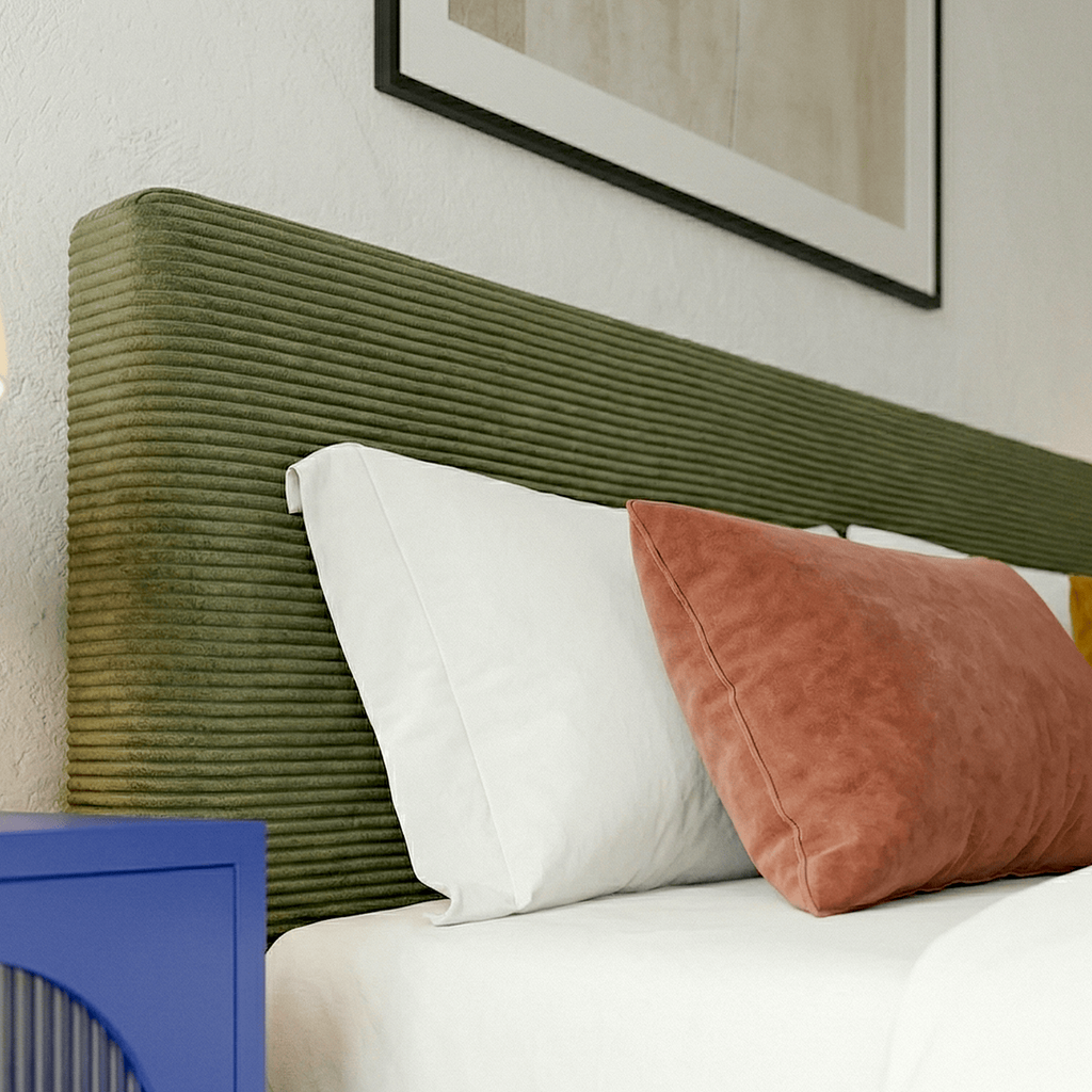 William - Lit Adulte avec Tête de Lit Capitonnée en Velours Côtelé - Vert Kaki