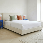 William - Lit Adulte 160x200 cm avec Tête de Lit Capitonnée en Tissu Bouclé - Beige