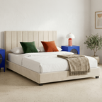 William - Lit Adulte 180x200 cm avec Tête de Lit Capitonnée en Velours - Beige