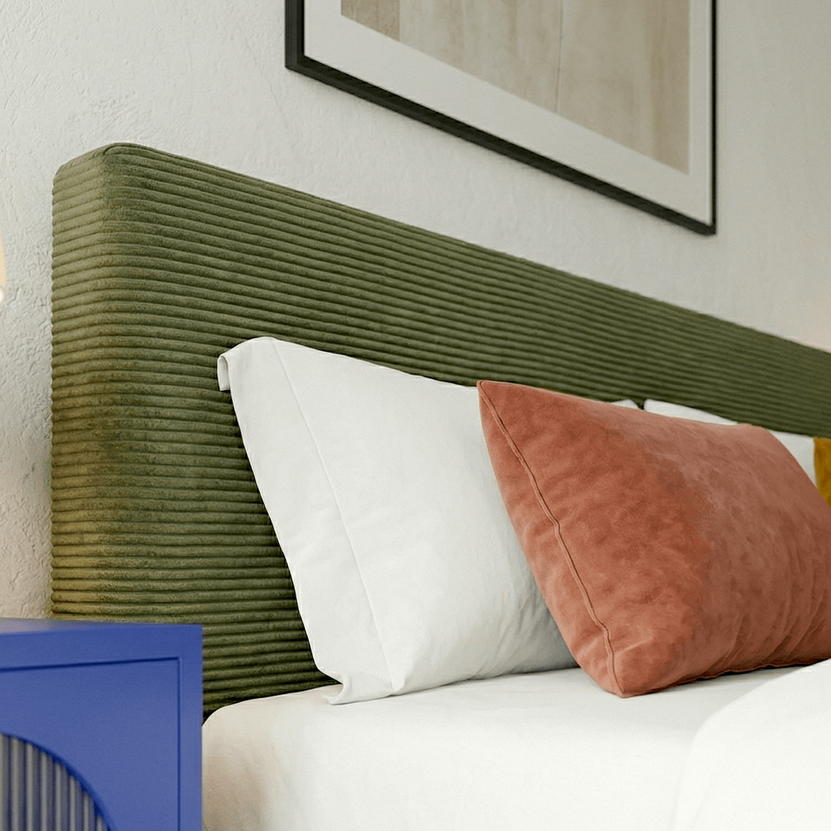 William - Lit Adulte avec Tête de Lit Capitonnée en Velours Côtelé - Vert Kaki