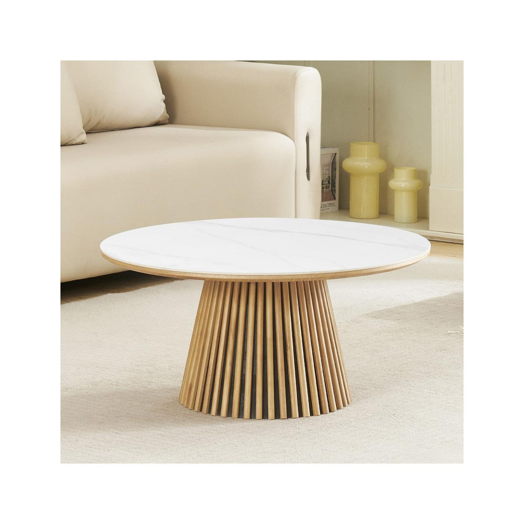 Ada - Table Basse Ronde Plateau en Céramique Effet Marbre Ø80 cm - Bois Clair