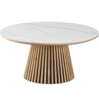 Ada - Table Basse Ronde Plateau en Céramique Effet Marbre Ø80 cm - Bois Clair