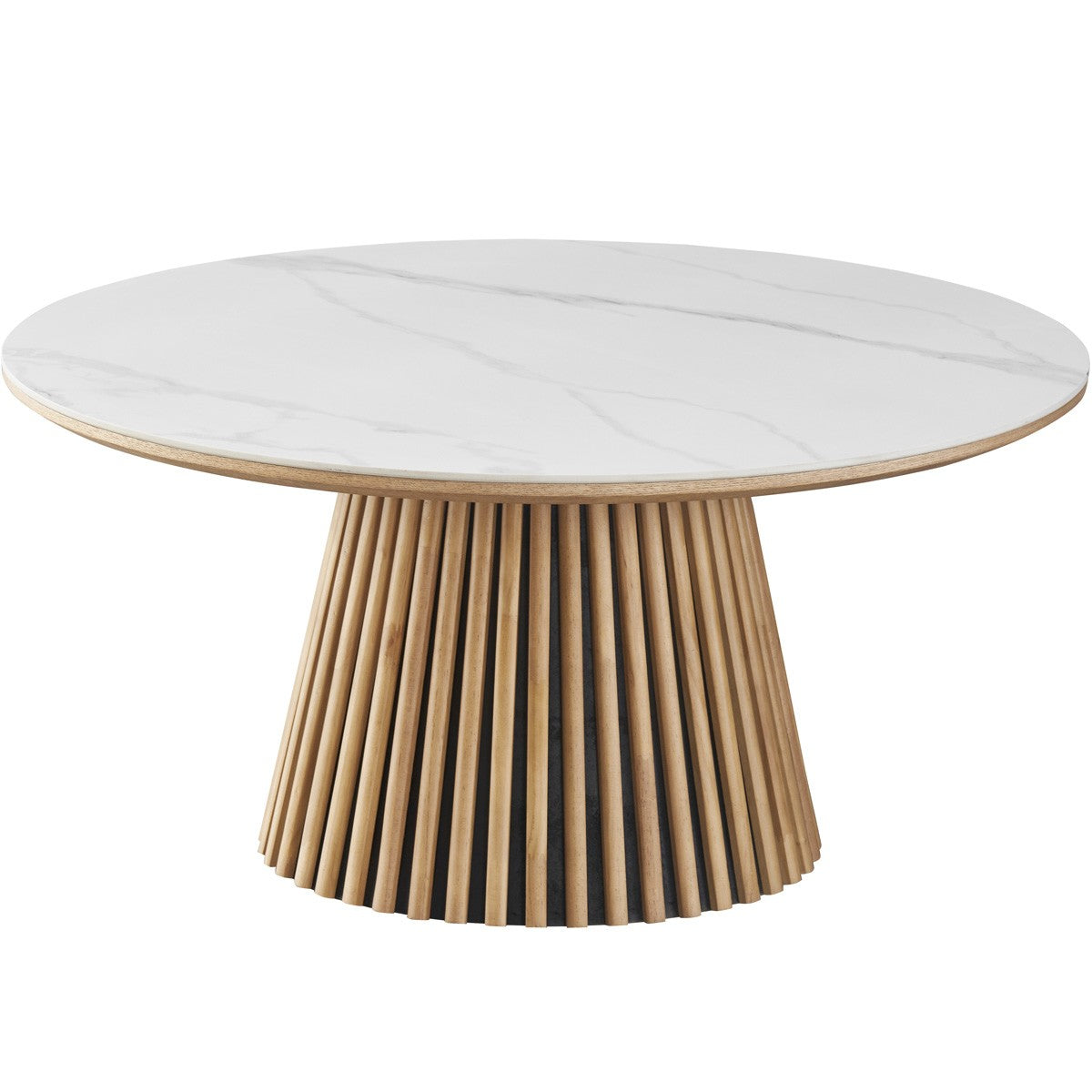 Ada - Table Basse Ronde Plateau en Céramique Effet Marbre Ø80 cm - Bois Clair