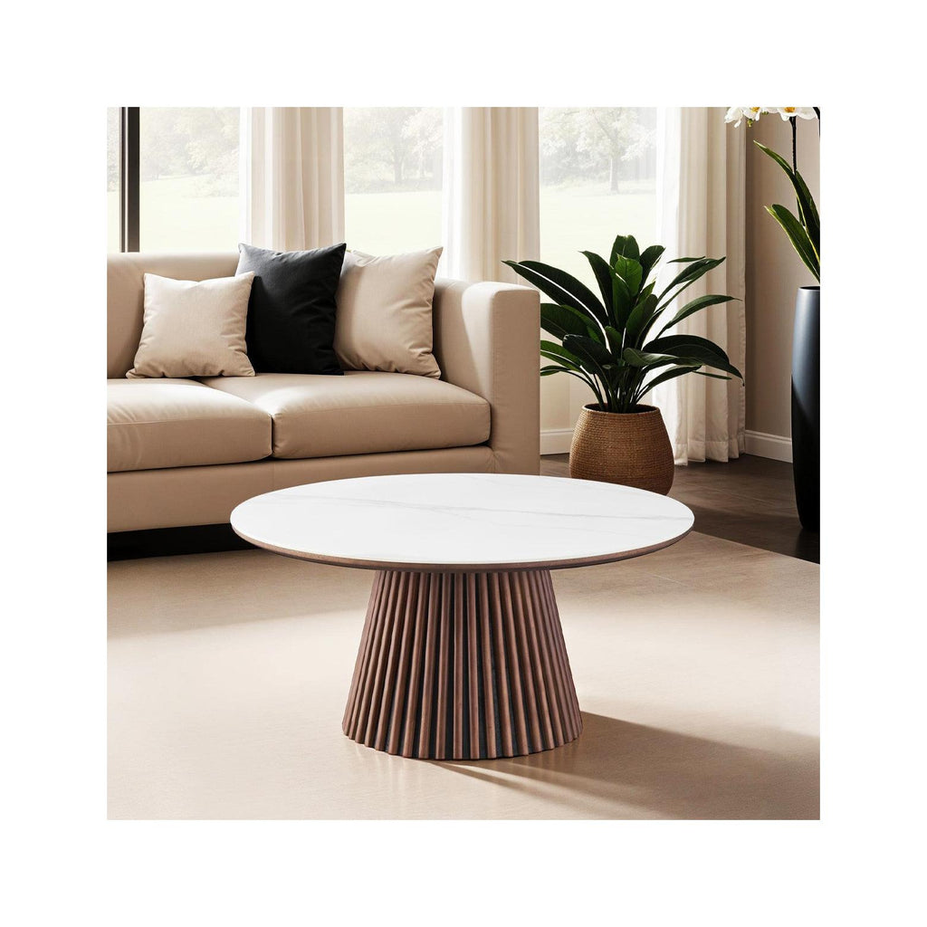 Ada - Table Basse Ronde Plateau en Céramique Effet Marbre Ø80 cm - Bois Foncé