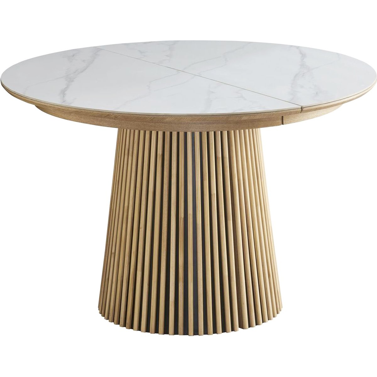 Ada - Table à Manger Ronde Extensible Plateau en Céramique Effet Marbre 6/8 Personnes 120/200 cm - Bois Clair