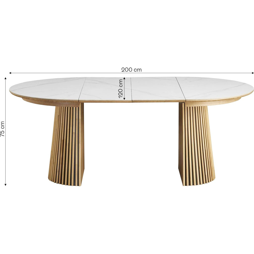 Ada - Table à Manger Ronde Extensible Plateau en Céramique Effet Marbre 6/8 Personnes 120/200 cm - Bois Clair