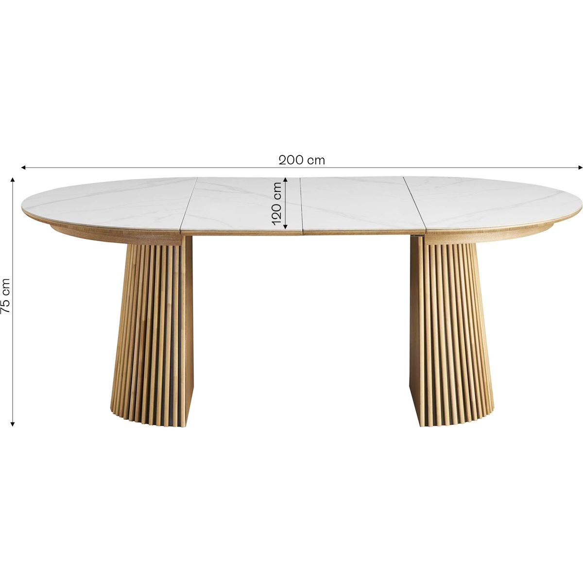 Ada - Table à Manger Ronde Extensible Plateau en Céramique Effet Marbre 6/8 Personnes 120/200 cm - Bois Clair
