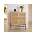 Iris - Buffet Haut 2 Portes en Cannage Naturel et Effet Chêne 100 cm - Bois