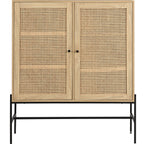 Iris - Buffet Haut 2 Portes en Cannage Naturel et Effet Chêne 100 cm - Bois