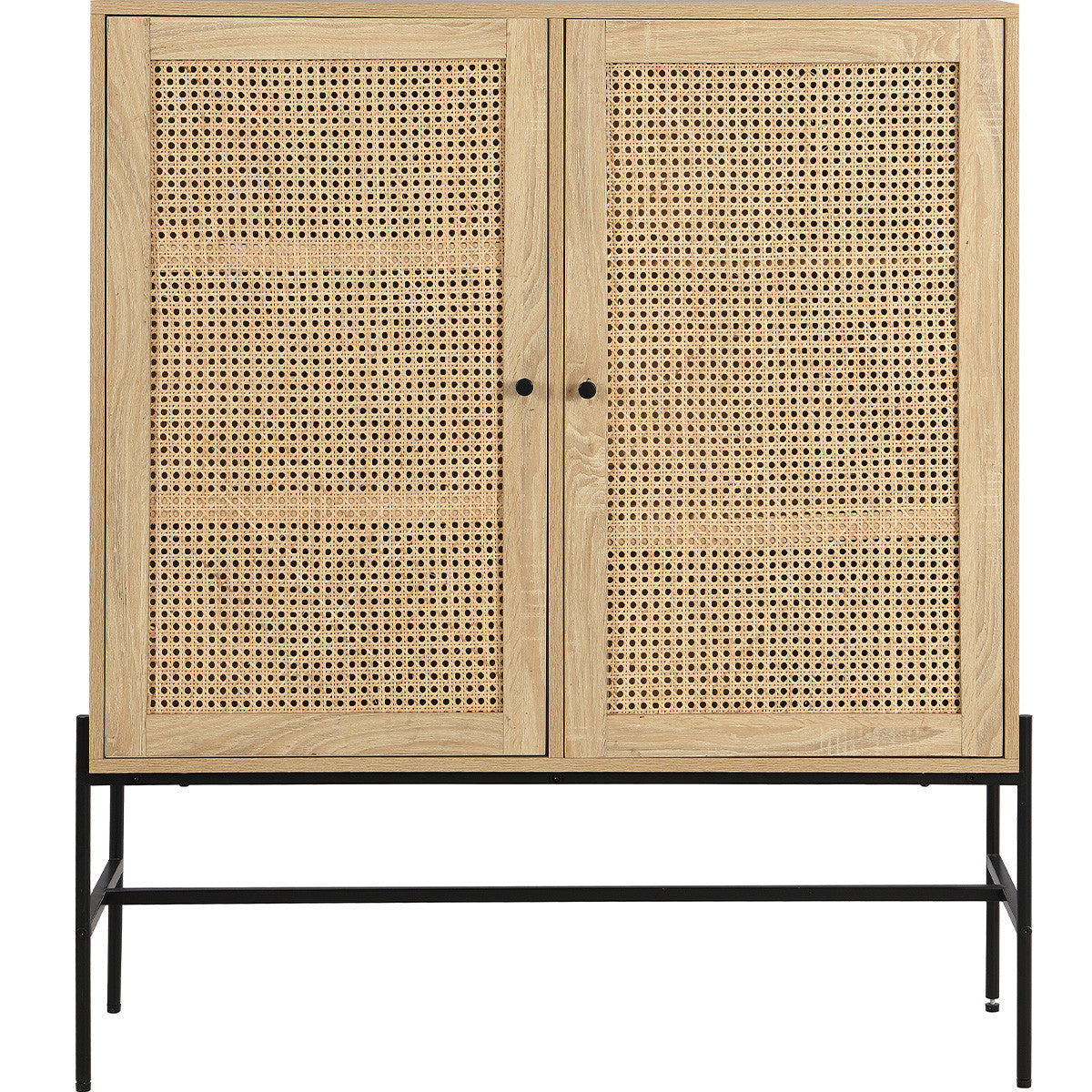 Iris - Buffet Haut 2 Portes en Cannage Naturel et Effet Chêne 100 cm - Bois