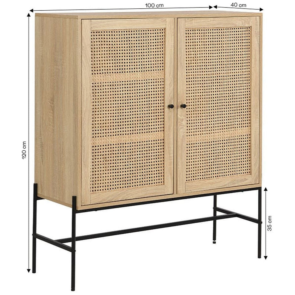 Iris - Buffet Haut 2 Portes en Cannage Naturel et Effet Chêne 100 cm - Bois
