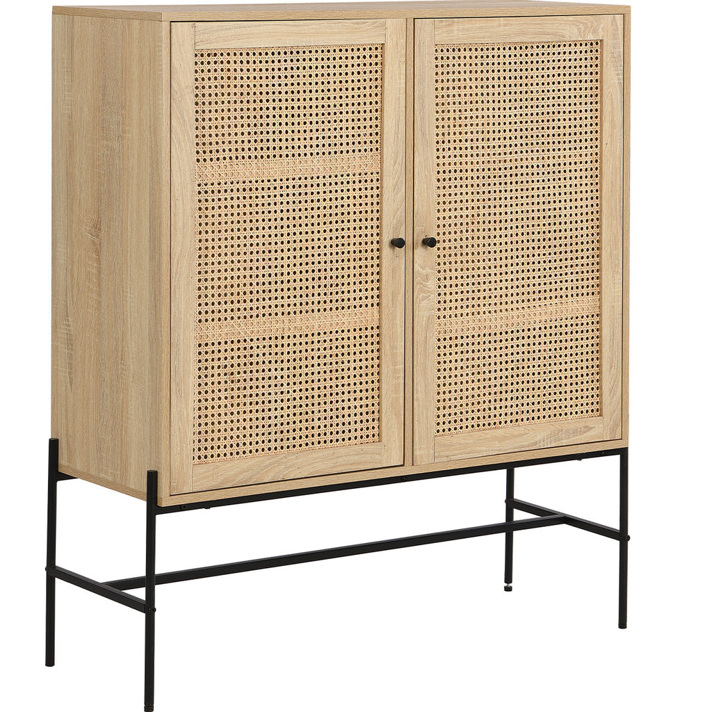 Iris - Buffet Haut 2 Portes en Cannage Naturel et Effet Chêne 100 cm - Bois