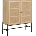 Iris - Buffet Haut 2 Portes en Cannage Naturel et Effet Chêne 100 cm - Bois
