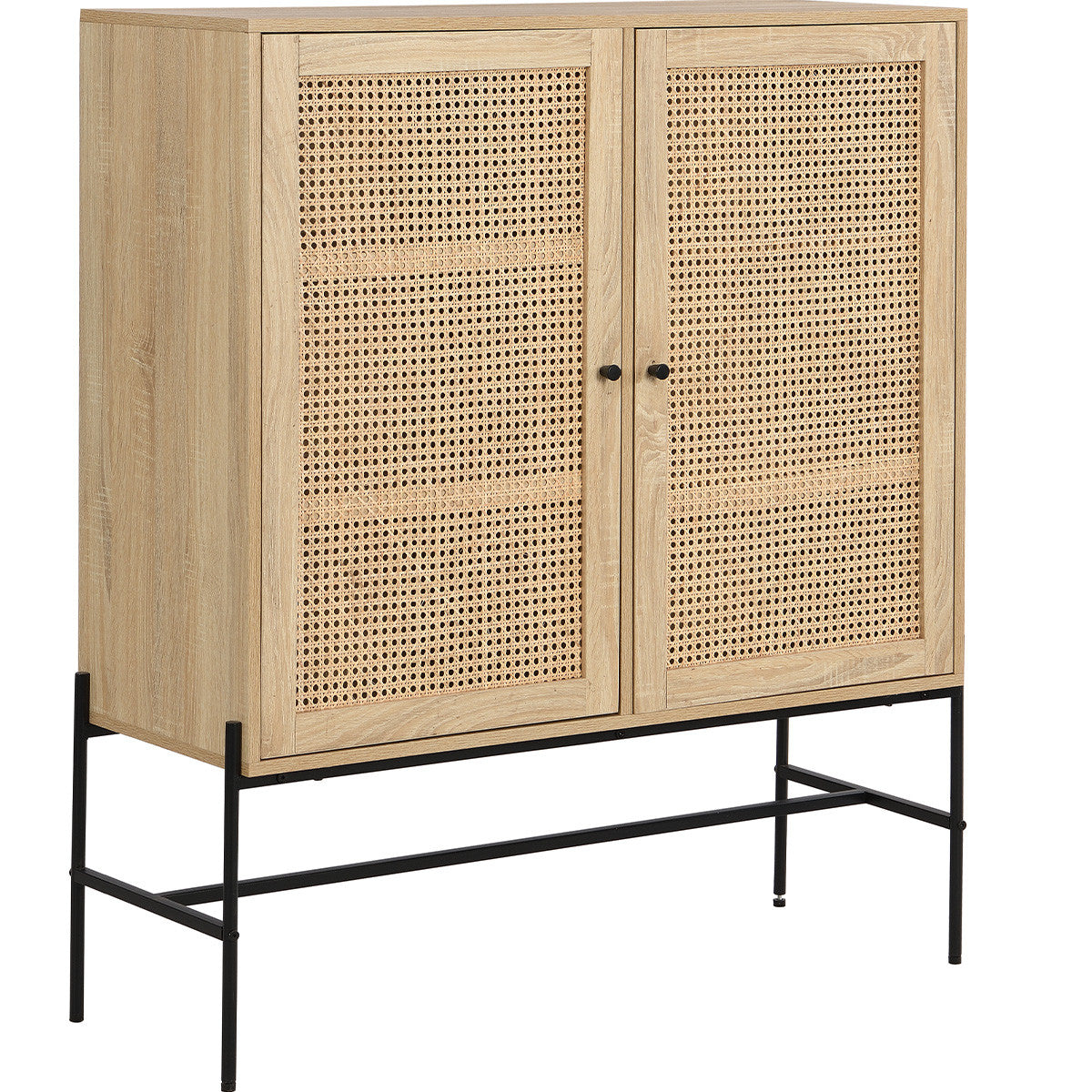 Iris - Buffet Haut 2 Portes en Cannage Naturel et Effet Chêne 100 cm - Bois