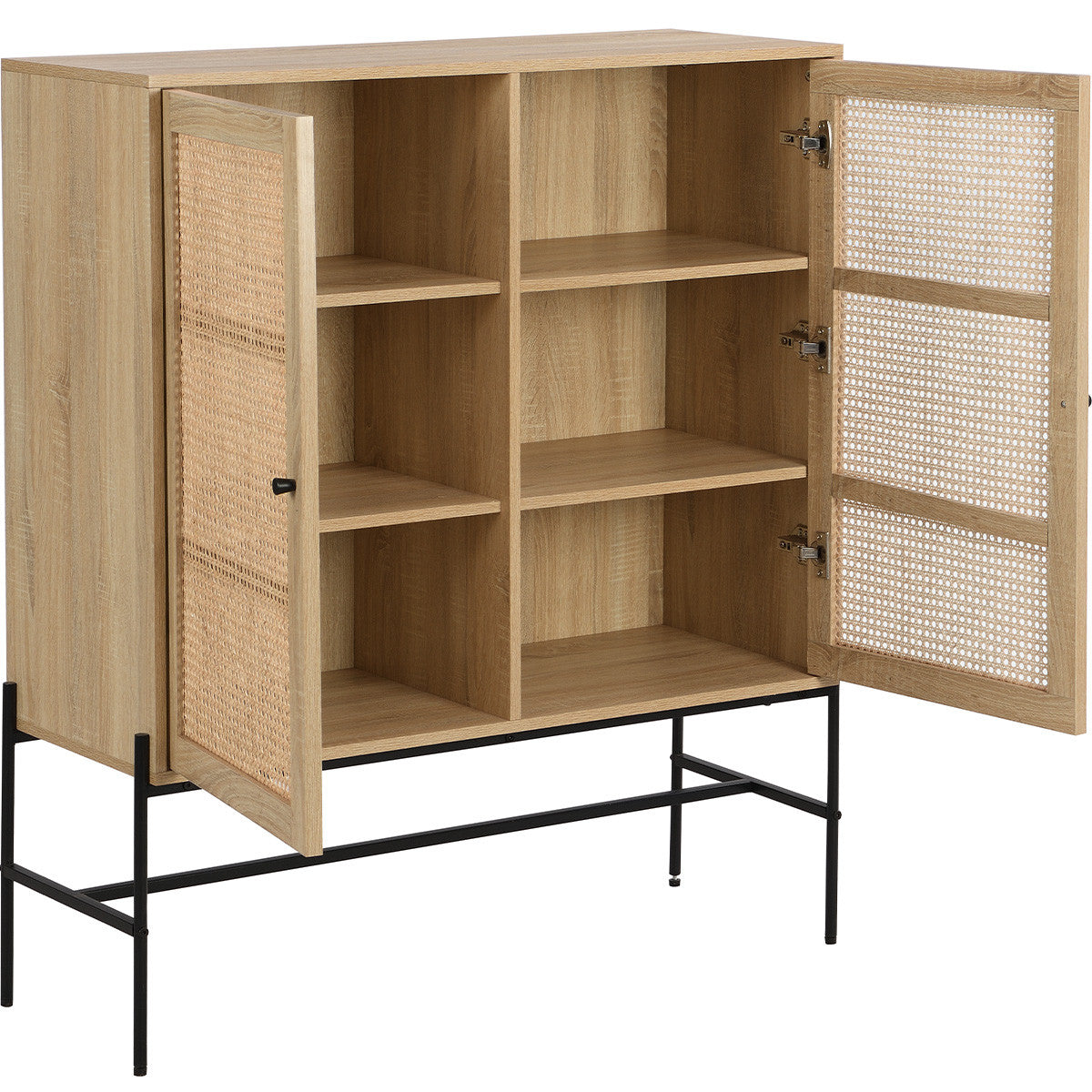 Iris - Buffet Haut 2 Portes en Cannage Naturel et Effet Chêne 100 cm - Bois