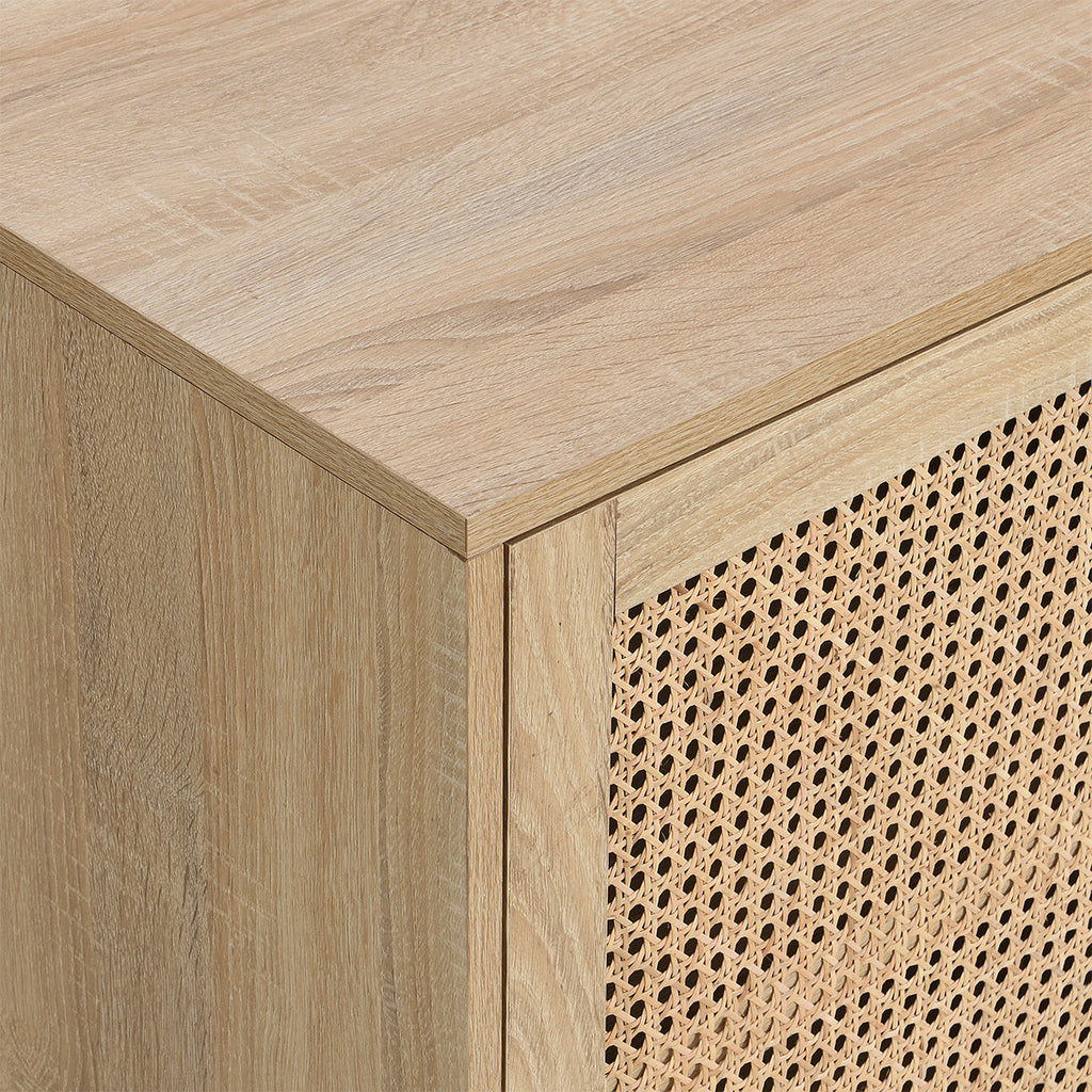 Iris - Buffet Haut 2 Portes en Cannage Naturel et Effet Chêne 100 cm - Bois