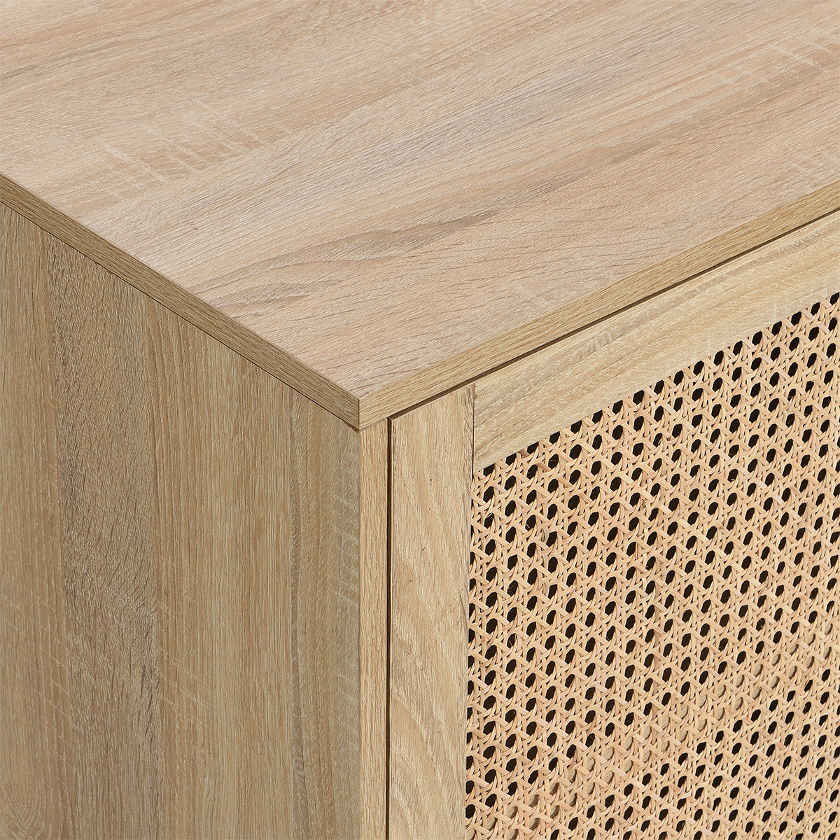 Iris - Buffet Haut 2 Portes en Cannage Naturel et Effet Chêne 100 cm - Bois