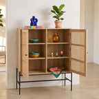Iris - Buffet Haut 2 Portes en Cannage Naturel et Effet Chêne 100 cm - Bois