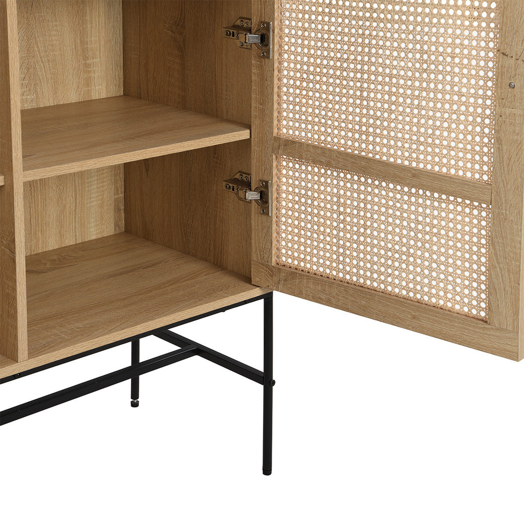 Iris - Buffet Haut 2 Portes en Cannage Naturel et Effet Chêne 100 cm - Bois