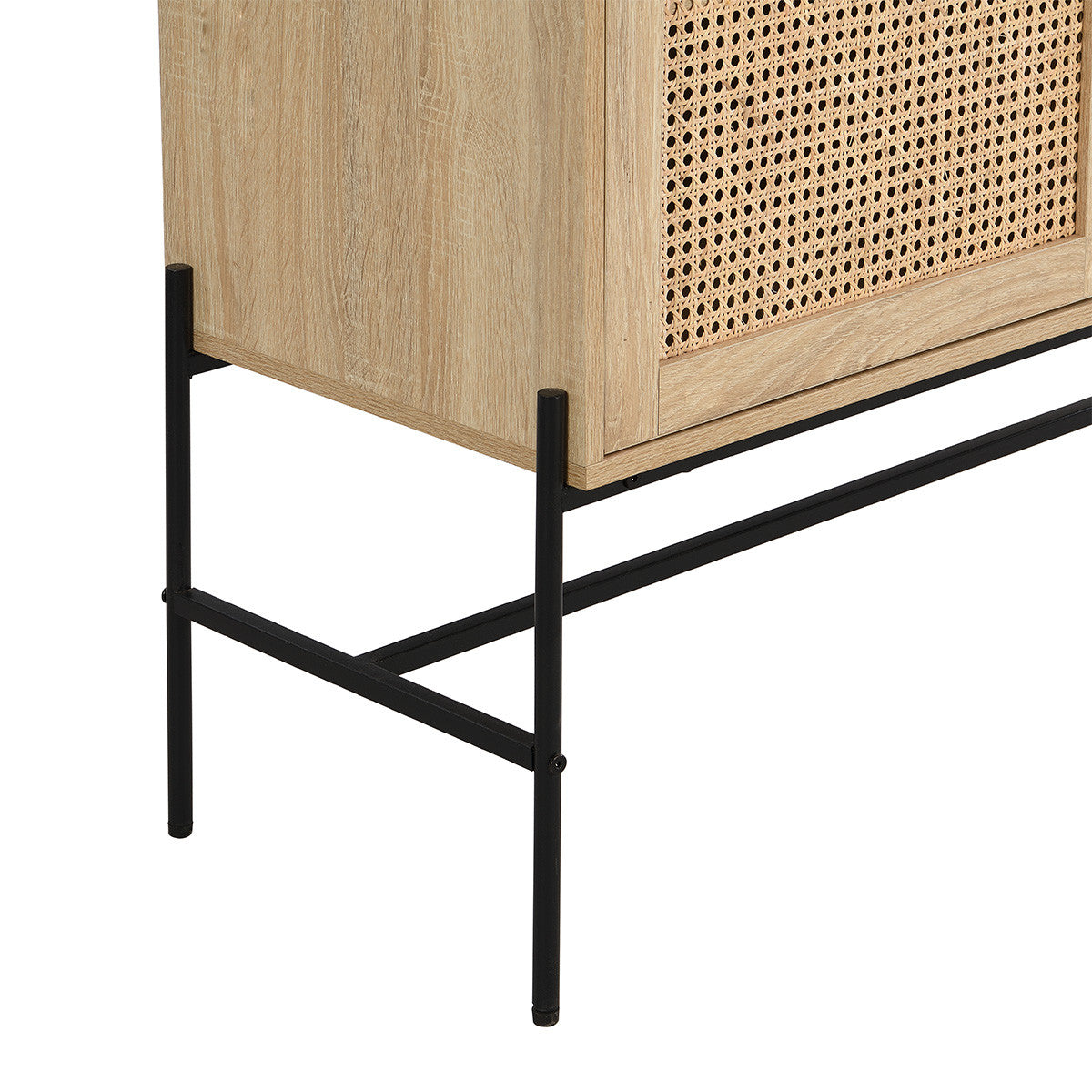 Iris - Buffet Haut 2 Portes en Cannage Naturel et Effet Chêne 100 cm - Bois