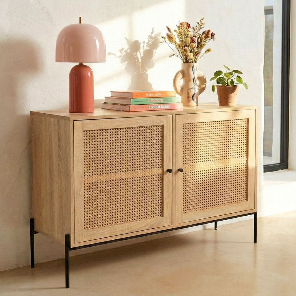 Iris - Buffet 2 Portes en Cannage Naturel et Effet Chêne 110 cm - Bois