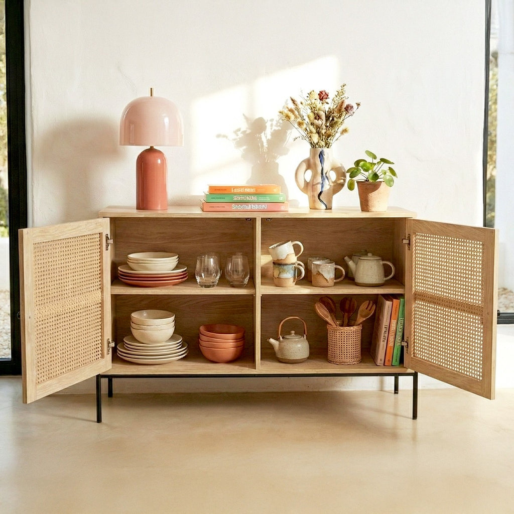 Iris - Buffet 2 Portes en Cannage Naturel et Effet Chêne 110 cm - Bois