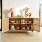 Iris - Buffet 2 Portes en Cannage Naturel et Effet Chêne 110 cm - Bois