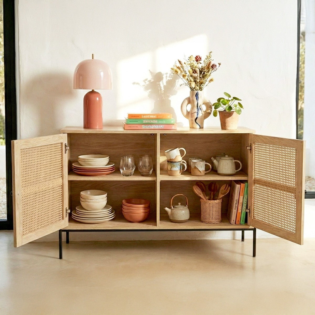 Iris - Buffet 2 Portes en Cannage Naturel et Effet Chêne 110 cm - Bois