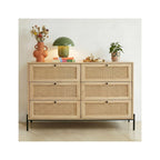 Iris - Commode 6 Tiroirs en Cannage Naturel et Effet Chêne 120 cm - Bois