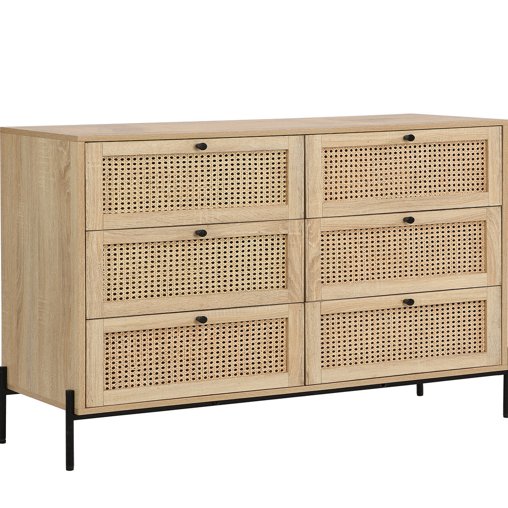 Iris - Commode 6 Tiroirs en Cannage Naturel et Effet Chêne 120 cm - Bois