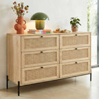 Iris - Commode 6 Tiroirs en Cannage Naturel et Effet Chêne 120 cm - Bois
