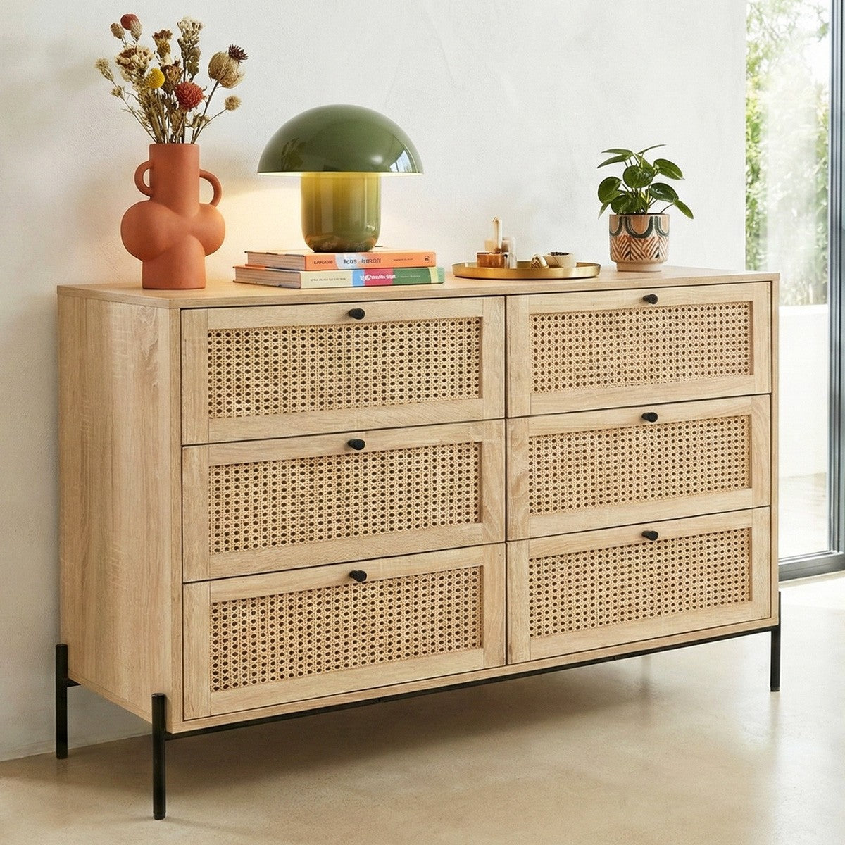 Iris - Commode 6 Tiroirs en Cannage Naturel et Effet Chêne 120 cm - Bois